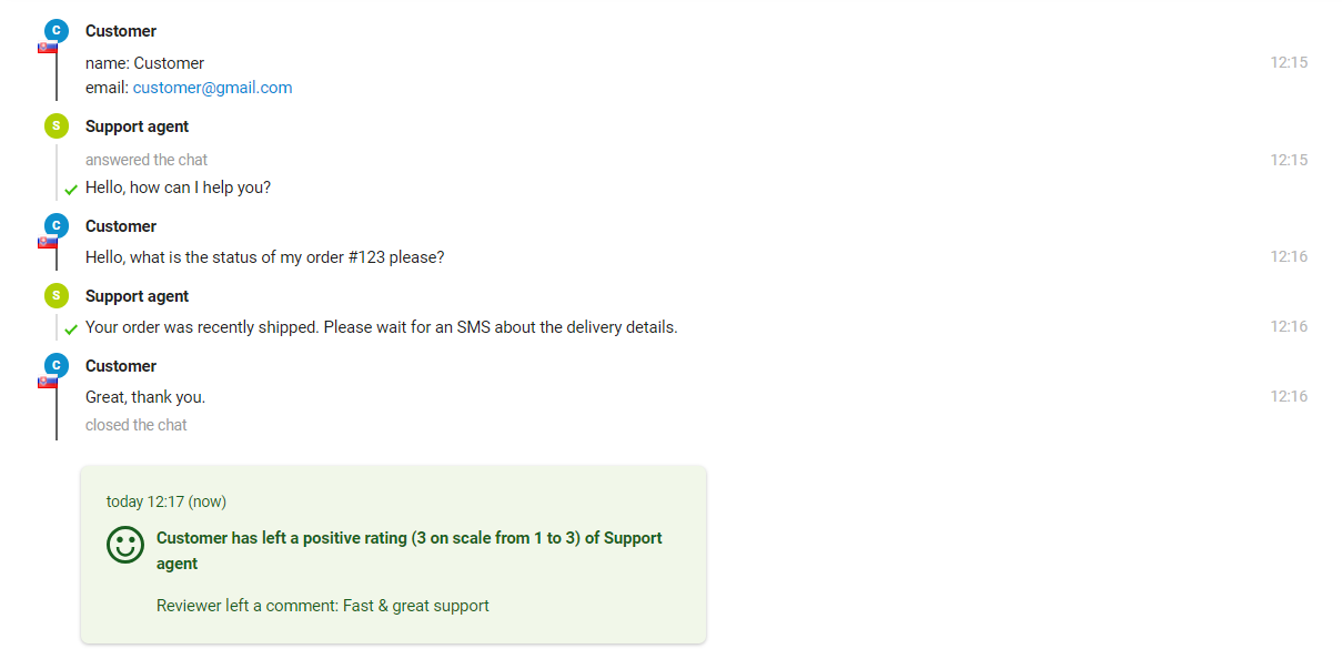 Изображението показва взаимодействието между клиент и агент на поддръжка, където агентът може да видит оценката в края на съобщението