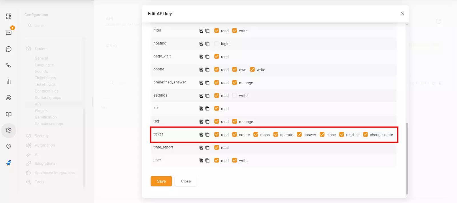 Секцията Edit API key в LiveAgent, показваща новите разрешения 'close' и 'change_state'
