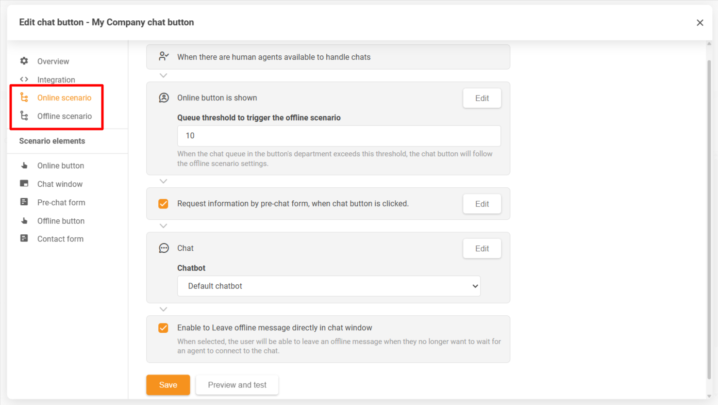 Прозорец за конфигурация на бутона за чат на LiveAgent, показващ онлайн и офлайн сценарии