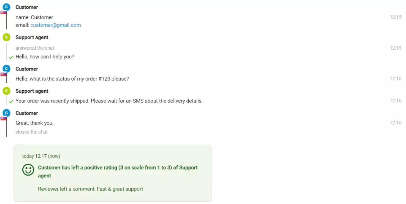 Изображение на чат с клиент, който остави положителна оценка.