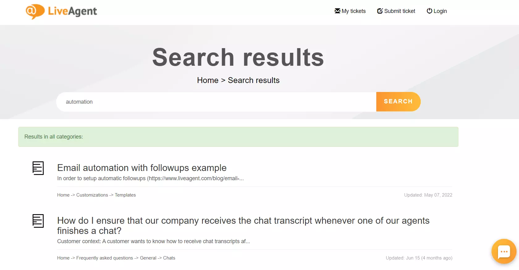 Функция за търсене на база знания на LiveAgent