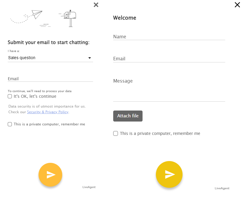 Прозорци за анкета преди чата, показващи какъв вид информация може да бъде поискана.