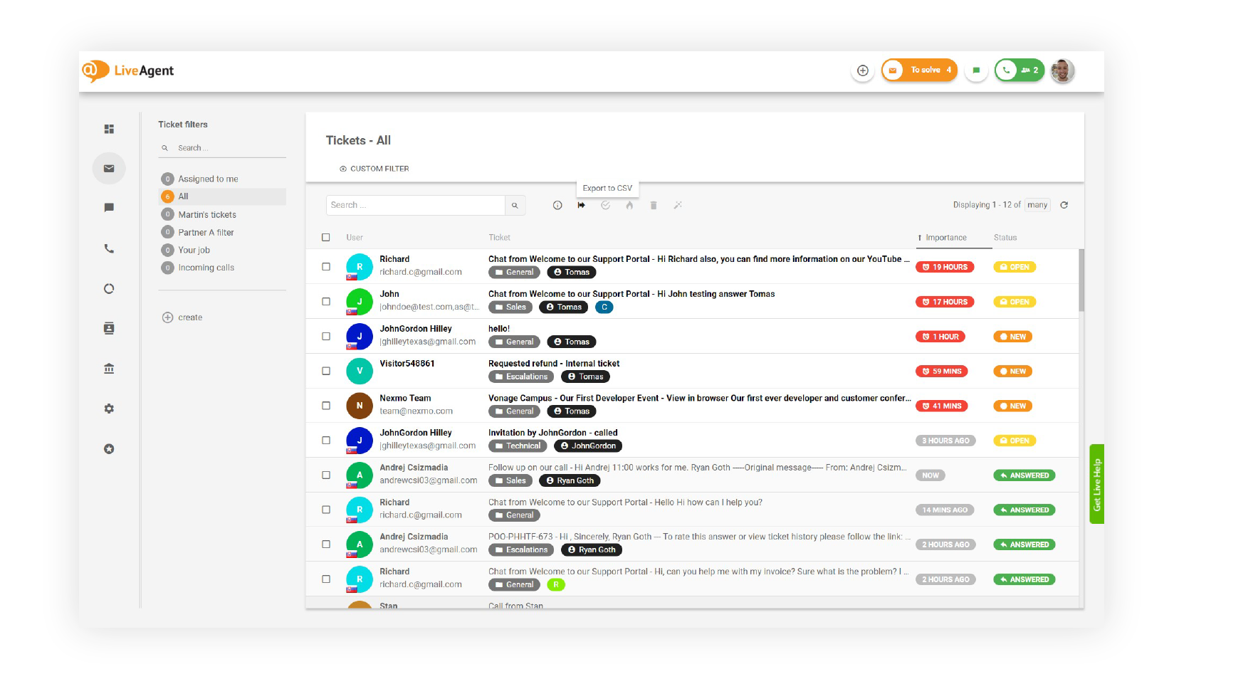 Универсална пощенска кутия на LiveAgent с тикети от имейл, чат и телефон в една опашка