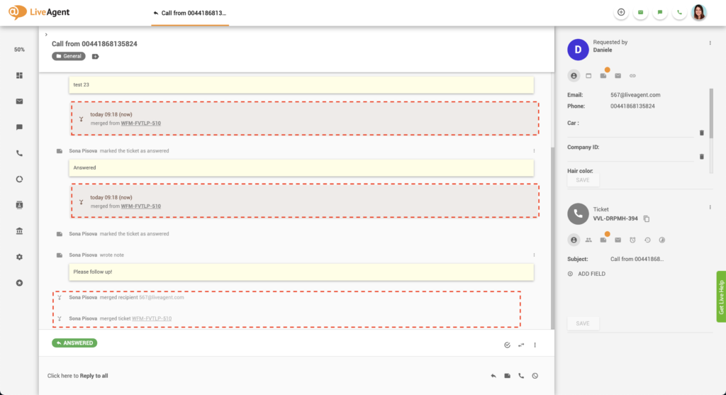 Обединена нишка на билет в LiveAgent