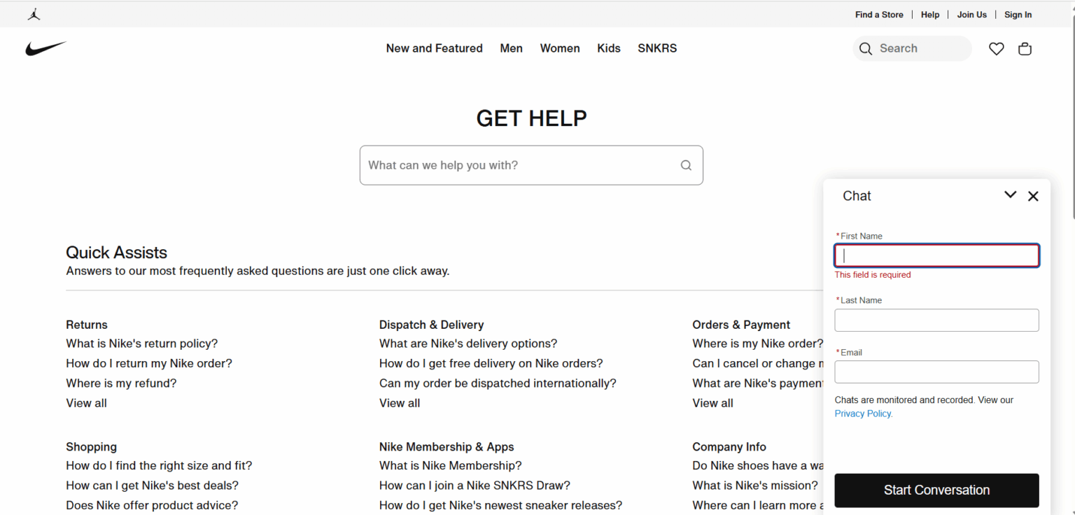 AI Chatbot на уебсайта на Nike