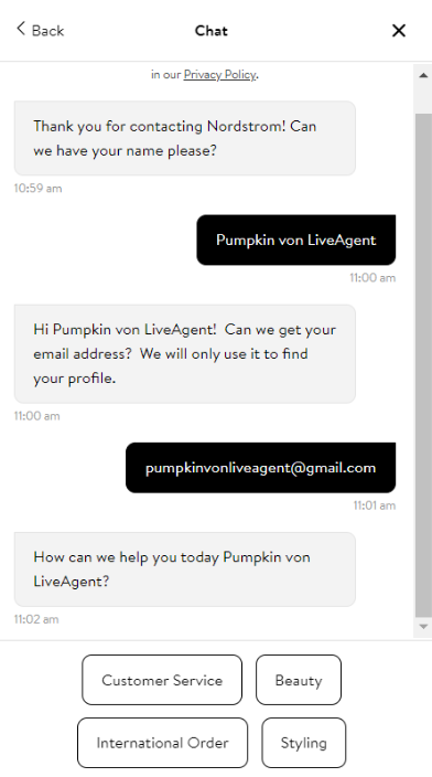 Функция чатбот на Nordstrom