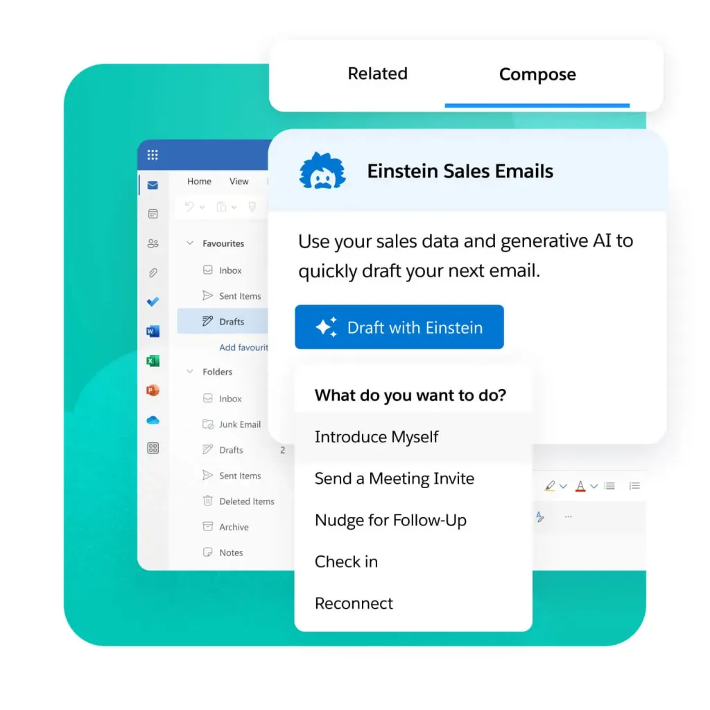 Интерфейс на Salesforce Einstein Sales Emails, показващ опции за AI-захранено съставяне на имейли.