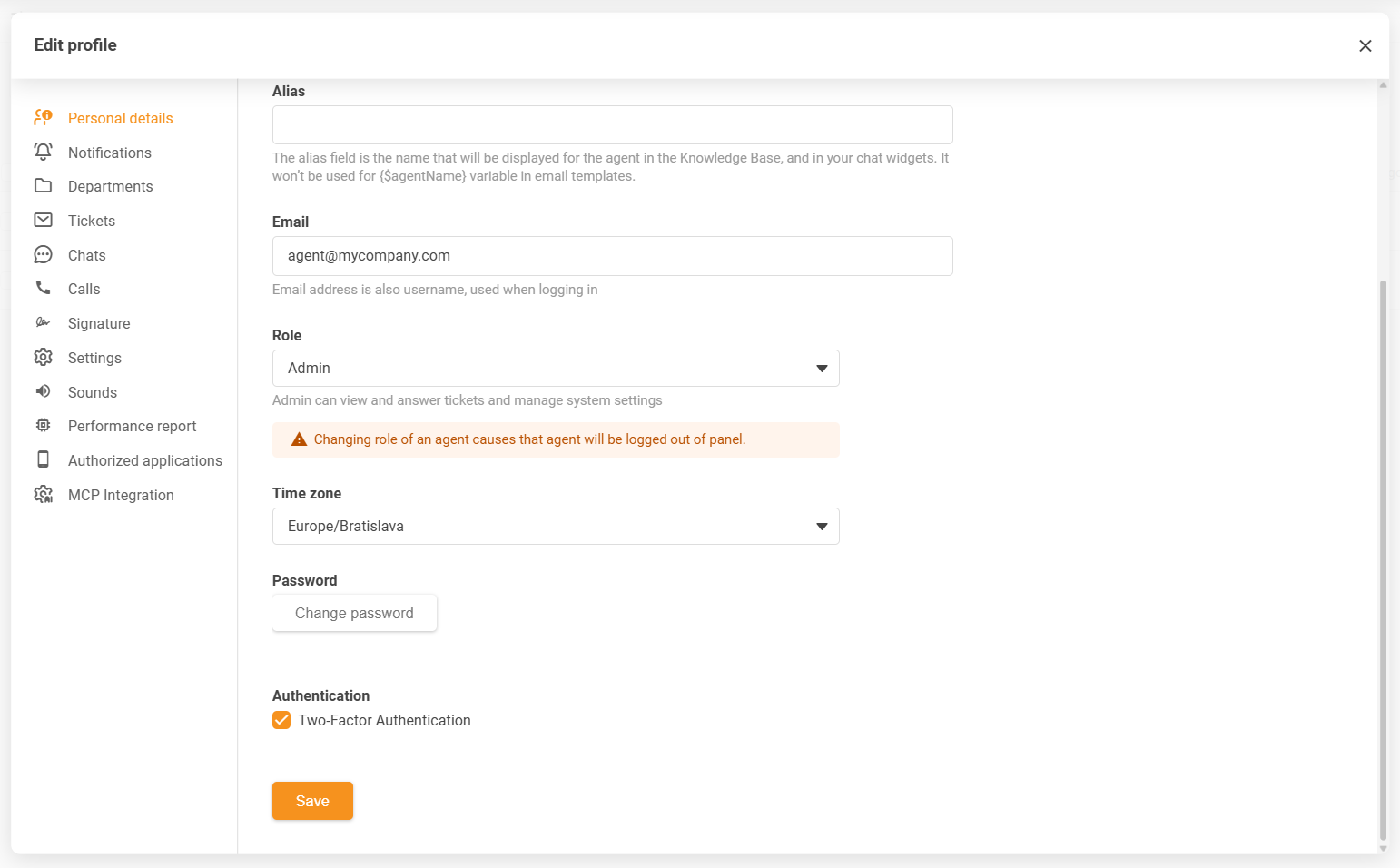 Настройки на часовата зона на профила на агента на LiveAgent