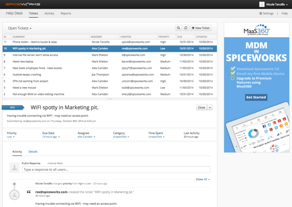 Списък с тикети в Spiceworks Cloud Help Desk с подавания от потребителски портал