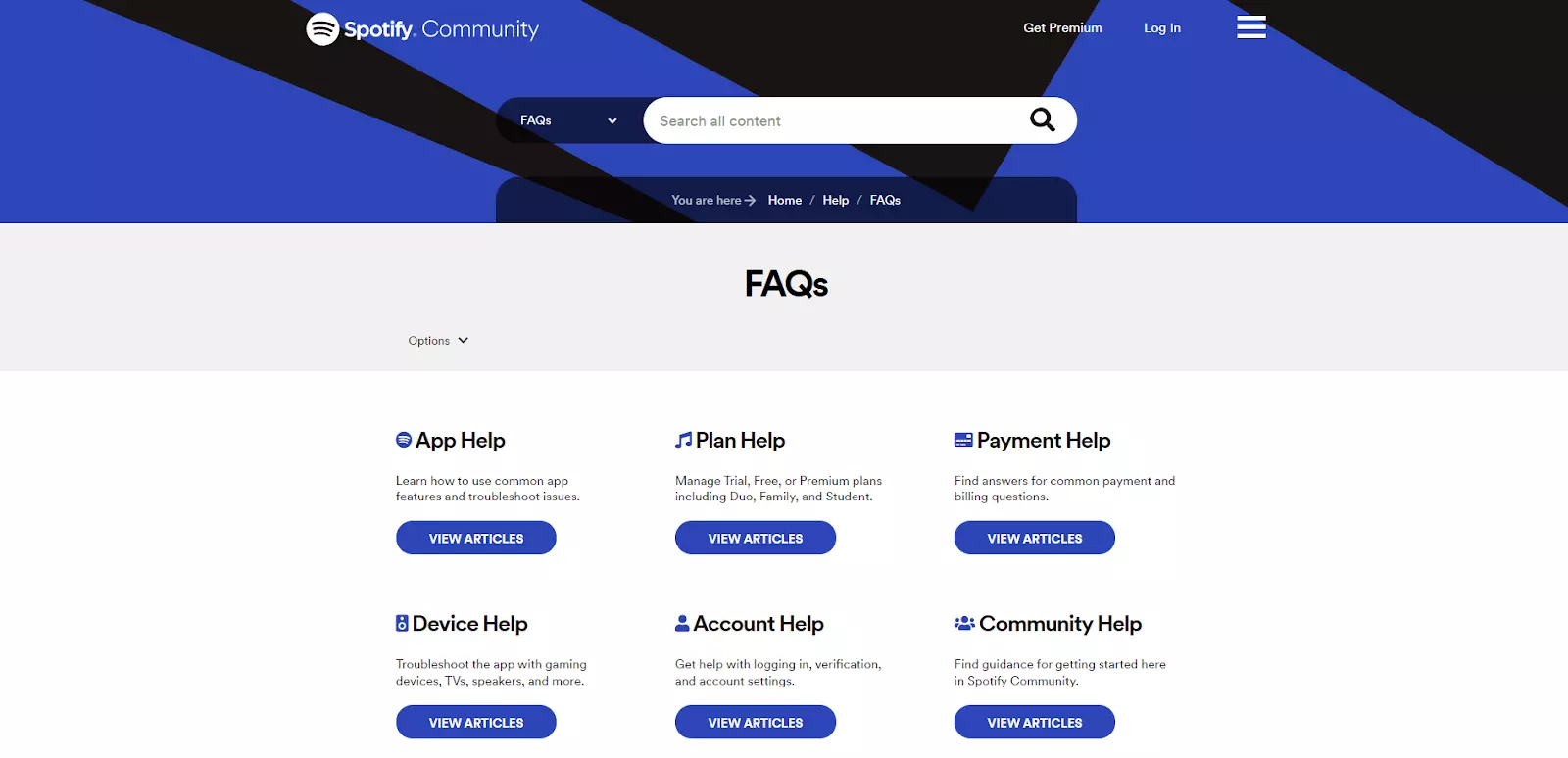 Страница с често задавани въпроси на Spotify