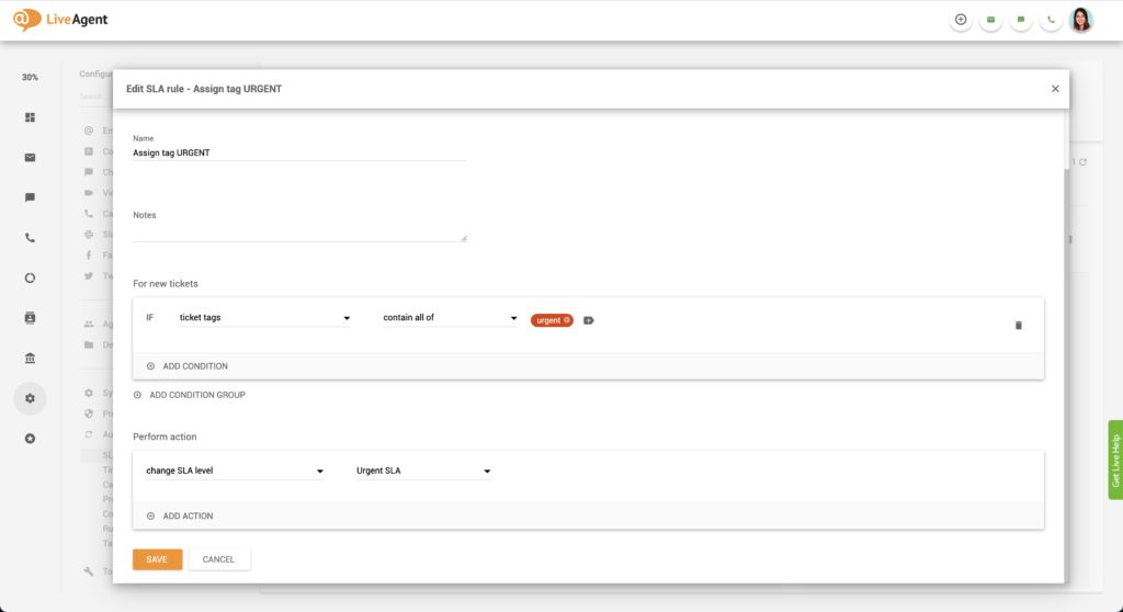 Създаване на спешно правило на SLA в LiveAgent