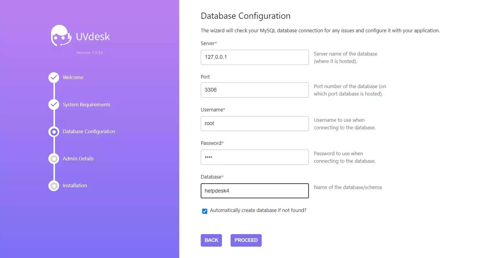 Пример на съветника за инсталация на UVdesk