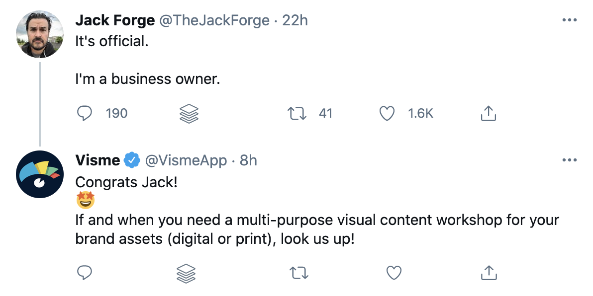 Visme brand congratulating a prospect on Twitter for starting a new venture