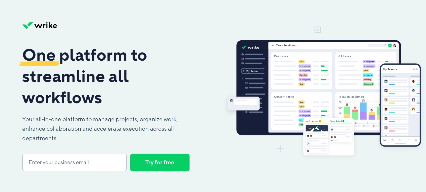 Начална страница на Wrike - всеобхватна платформа за управление на проекти, организиране на работата и подобряване на сътрудничеството в отделите.