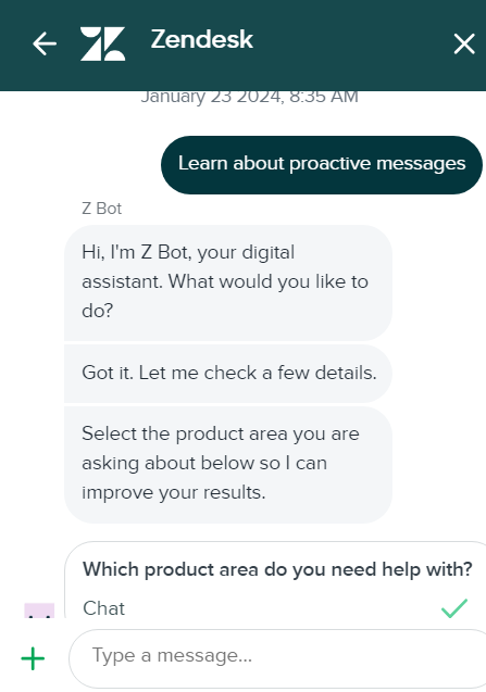 Изображение показва как изглежда разговор на live chat на Zendesk