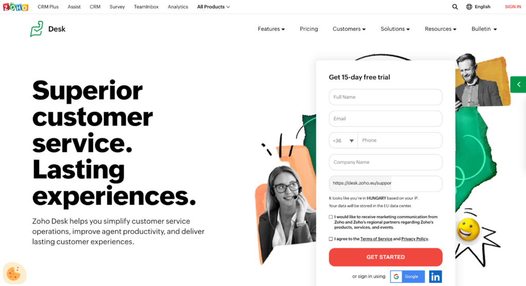 Начална страница на Zoho Desk, алтернатива на Help Scout за софтуер за help desk