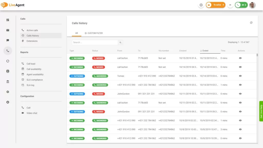 Преглед на интерфейса на центъра за обаждания в LiveAgent.