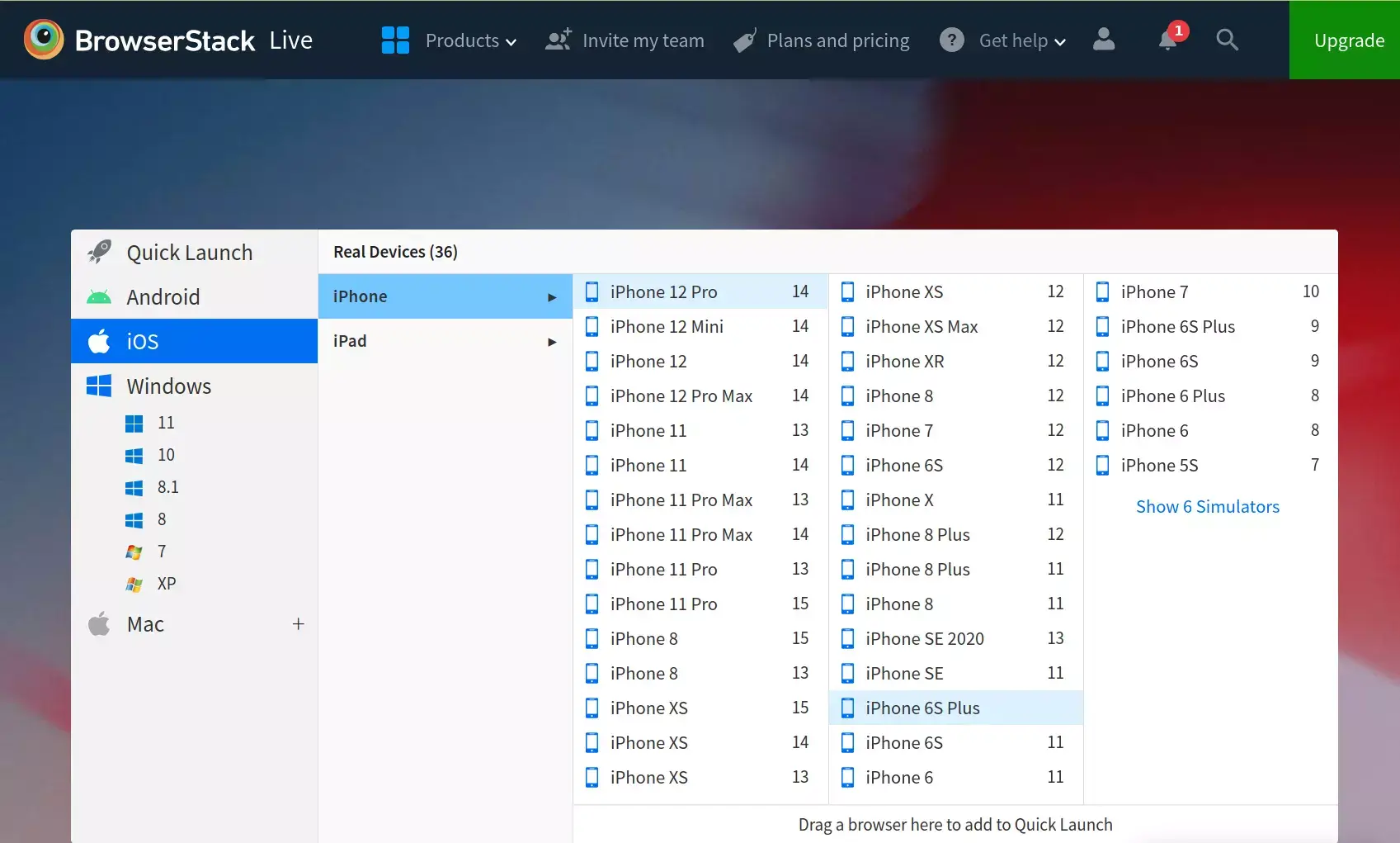 BrowserStack симулира много мобилни платформи и версии на операционни системи