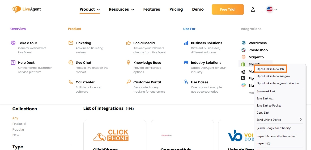 New tab example on LiveAgent's page