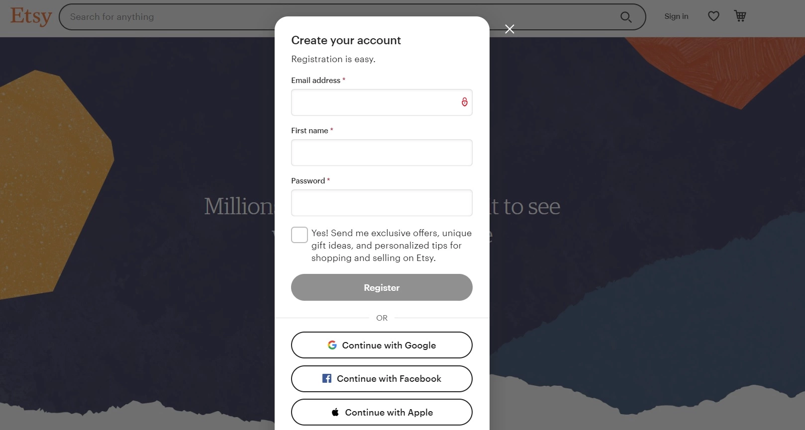 Регистрация на магазин в Etsy