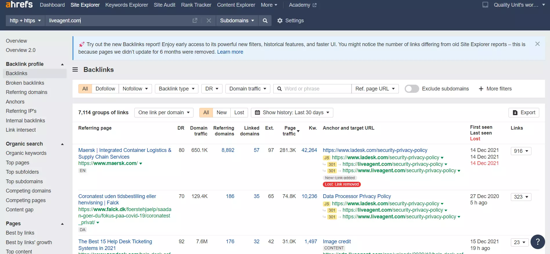 Външни обратни връзки Ahrefs пример
