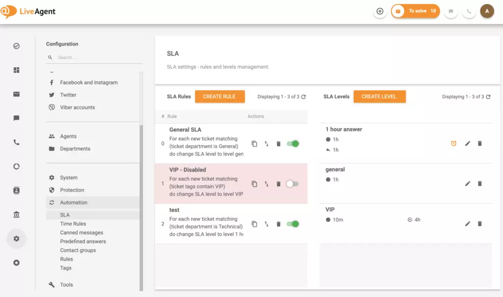Настройки на времето на отговор и разрешаване на SLA на LiveAgent