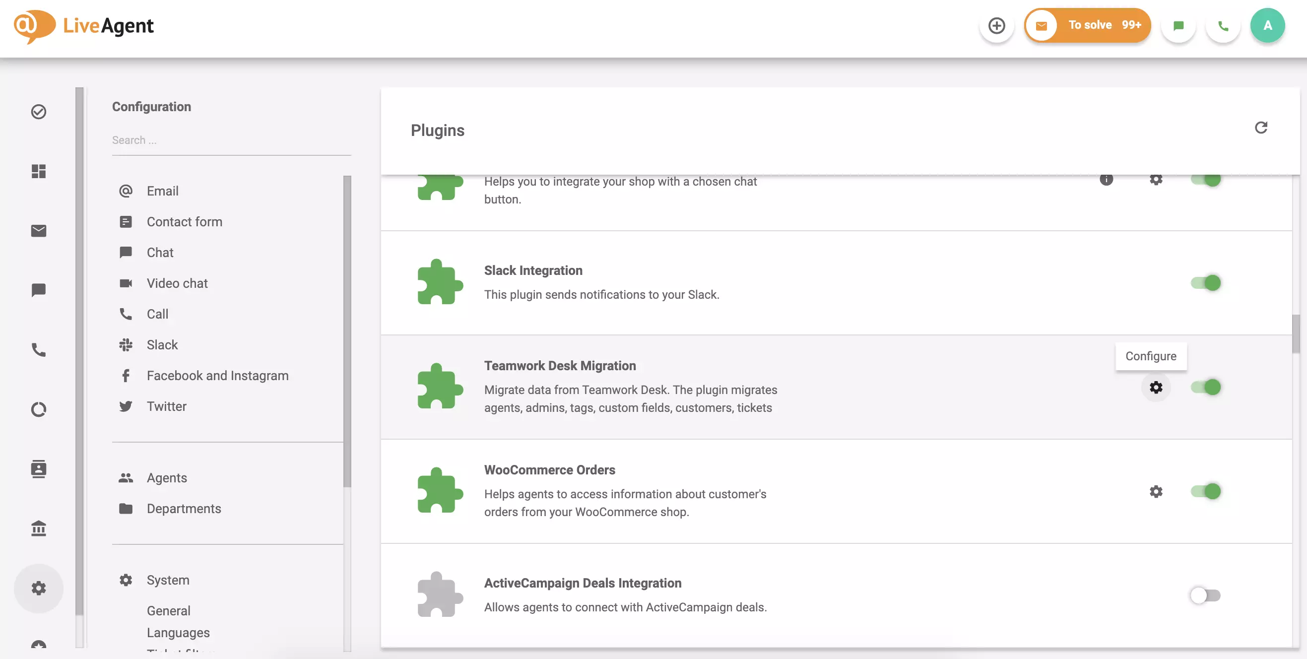 Щракнете върху конфигурация в активния плъгин