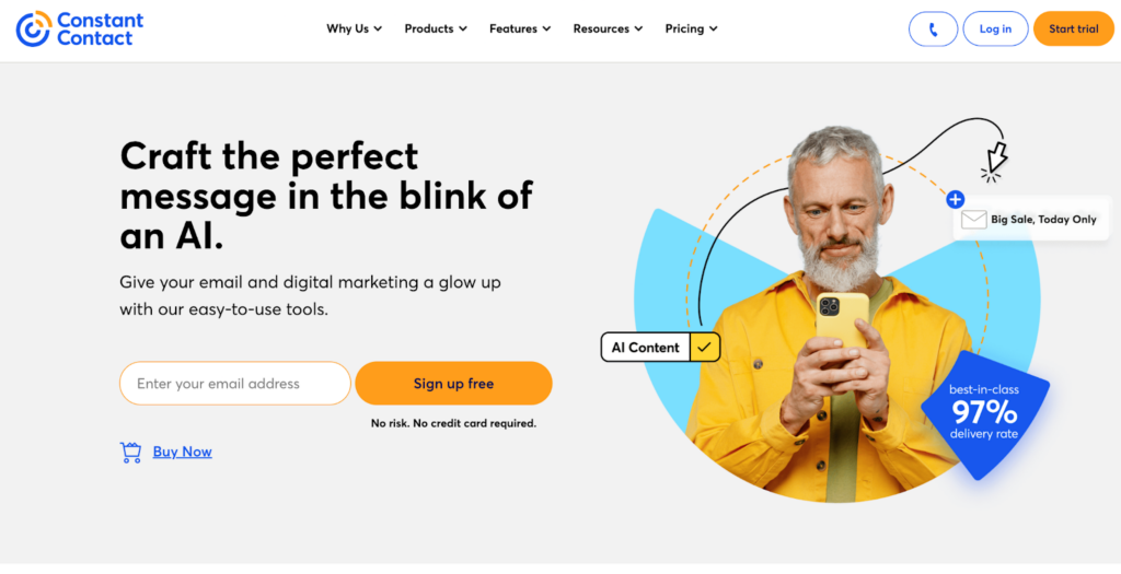 Начална страница на Constant Contact, софтуер за имейл маркетинг и управление