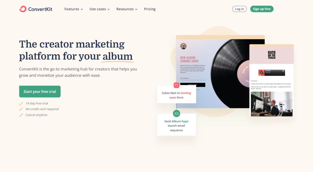 Начална страница на ConvertKit, софтуер за управление на имейли за създатели