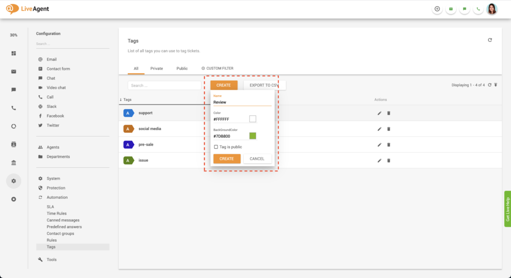 Създаване на персонализирани етикети в LiveAgent