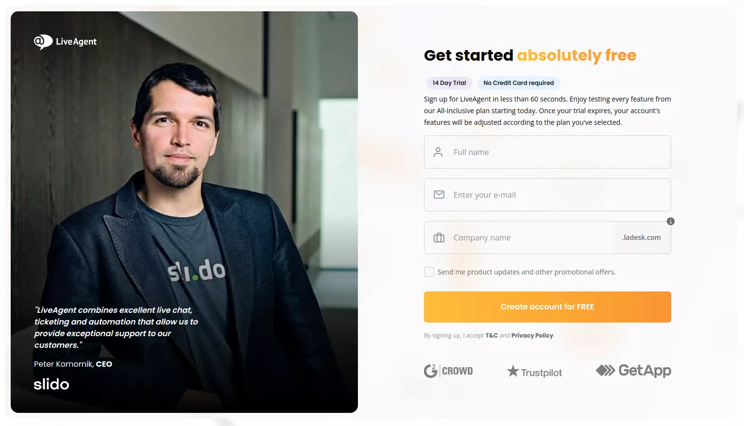 Страница на пробния период на LiveAgent