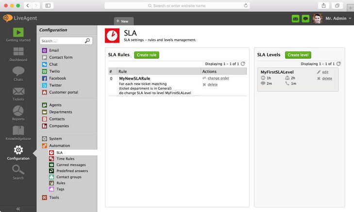 Изображение показва къде да намерите SLA настройки в LiveAgent