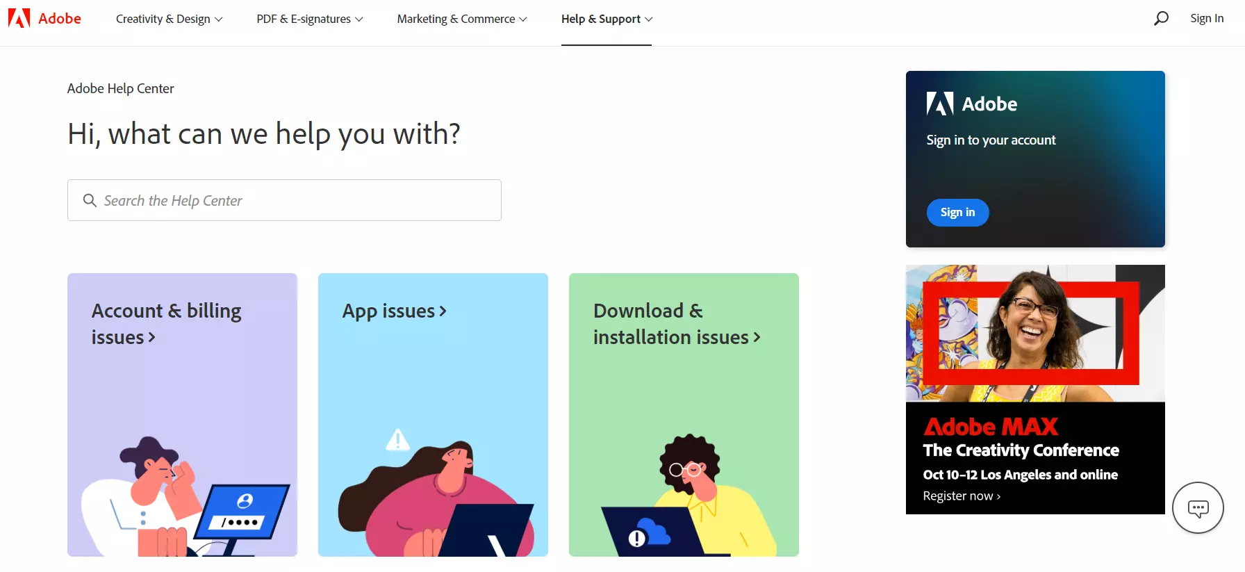 Целева страница на базата от знания на Adobe, показваща техния софтуер за управление на знанията.