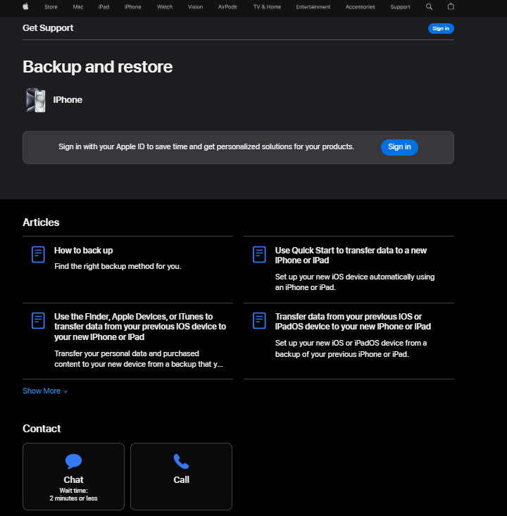 Страница за поддръжка на Apple, показваща техните опции за поддръжка