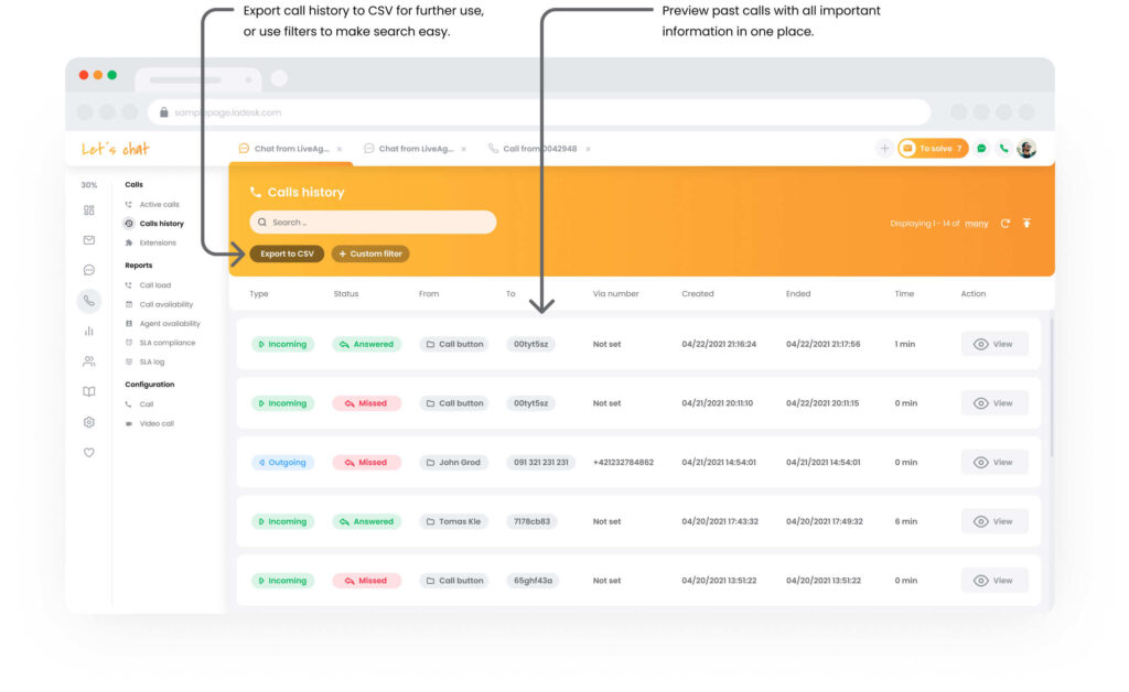 Call center calls history in LiveAgent
