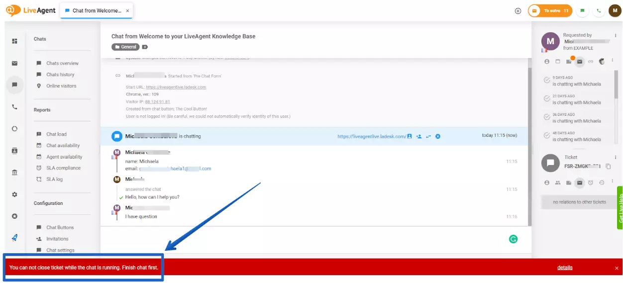 LiveAgent - предупреждение за неразрешен чат
