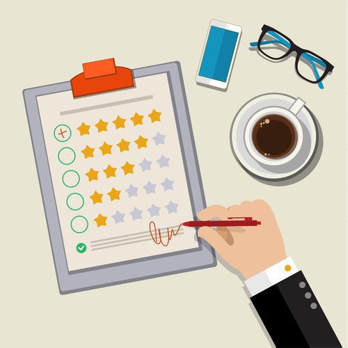 Илюстрация на обратна връзка от клиентите - Ръка, която проверява отличната оценка в анкета
