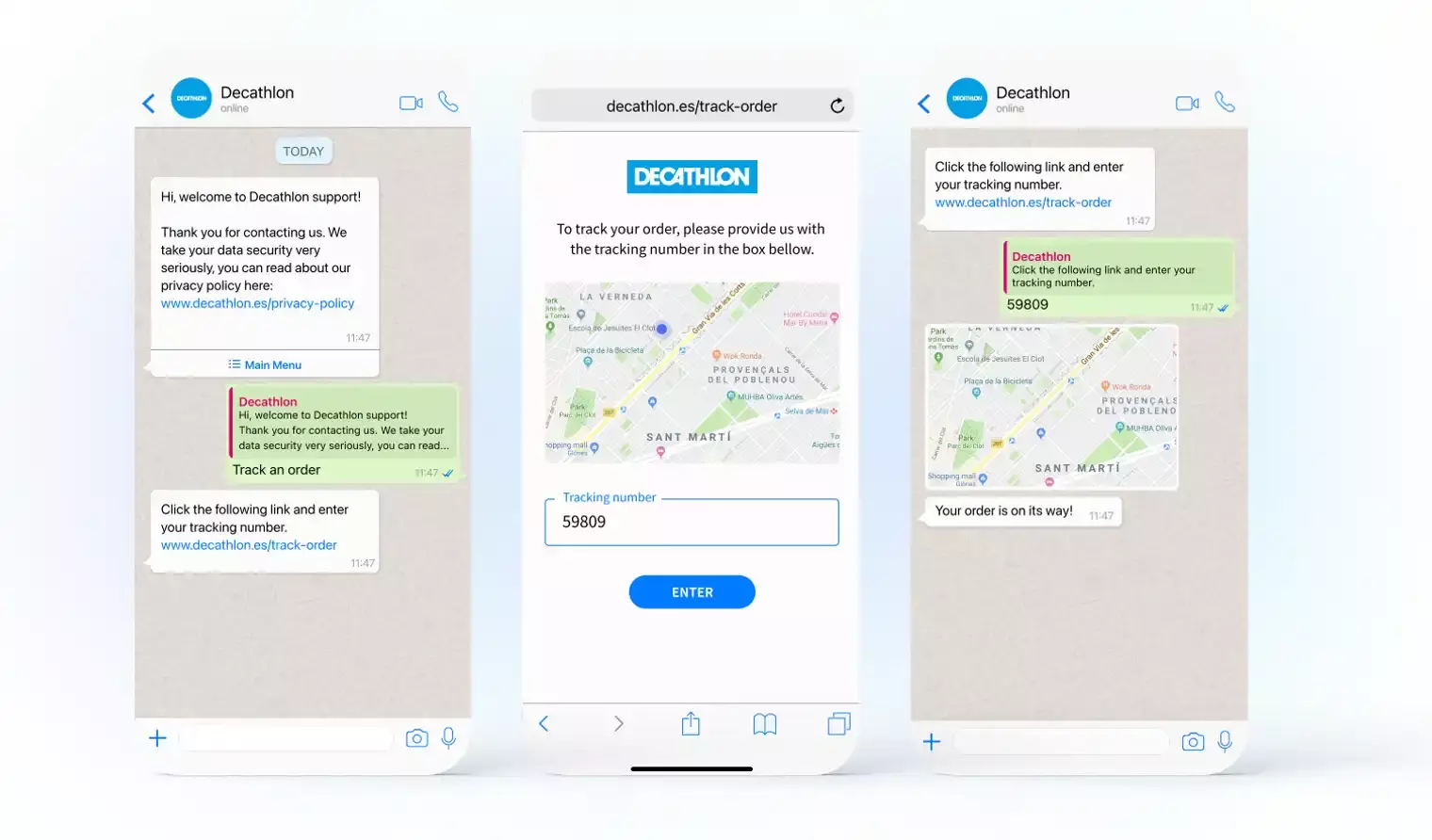 Възможности за live chat на Decathlon чрез WhatsApp за проследяване на поръчки
