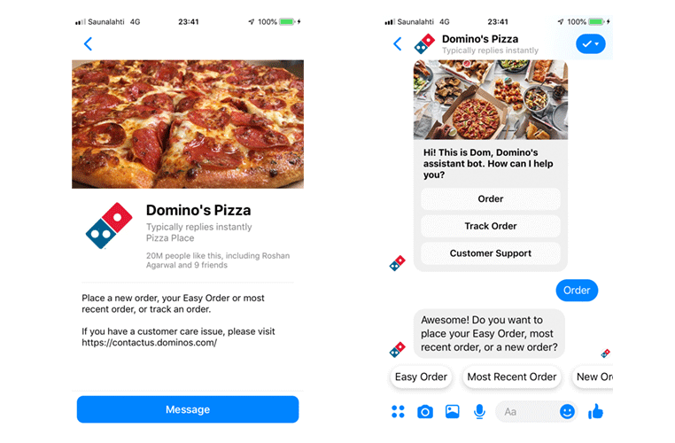 Живо чат на Domino's Pizza чрез Messenger за поставяне на поръчки