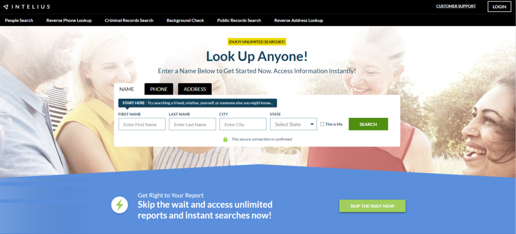 Начална страница на Intelius