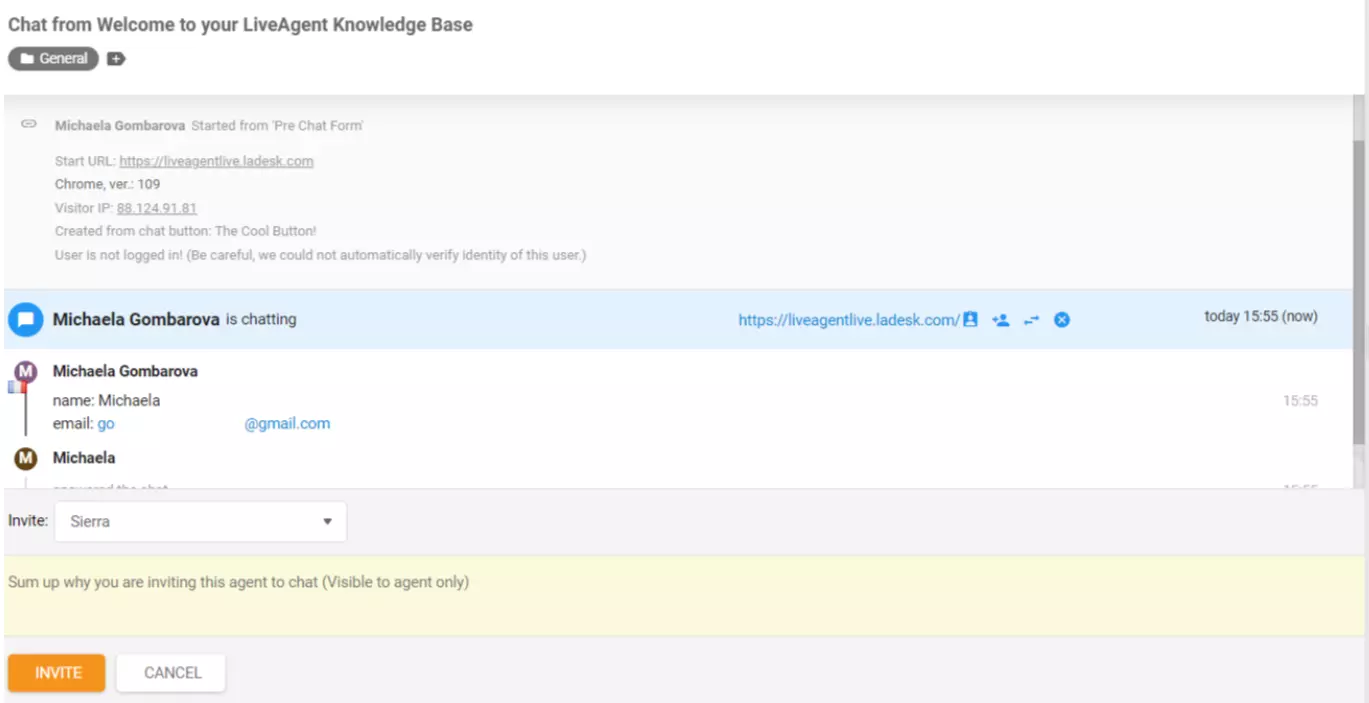 LiveAgent агент поканен в чата