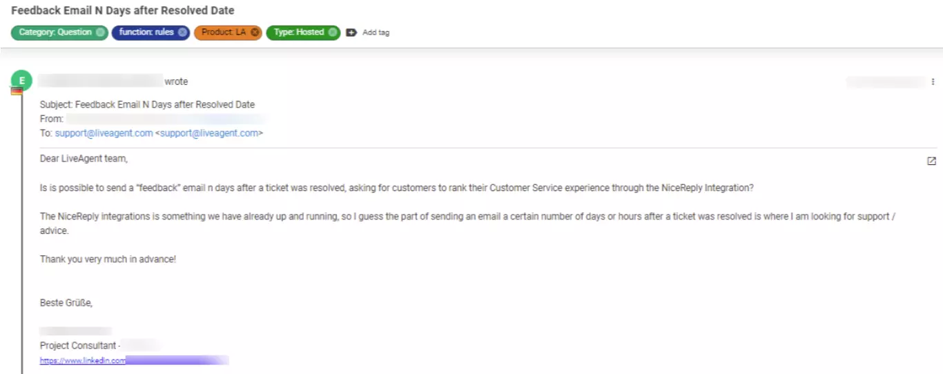 Екранна снимка на билет, който показва клиентски проблем, който се счита за нисък приоритет.