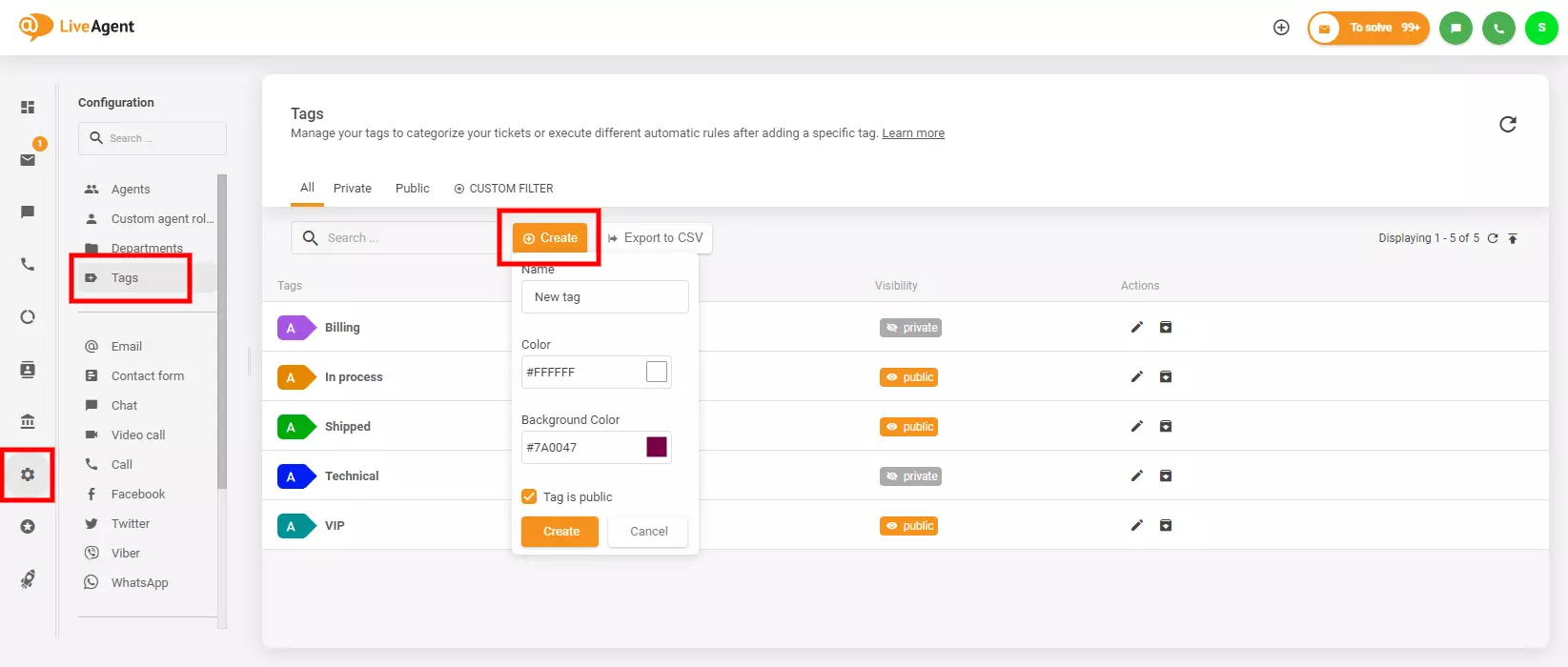 Изображение показва къде да намерите и създадете етикети в LiveAgent