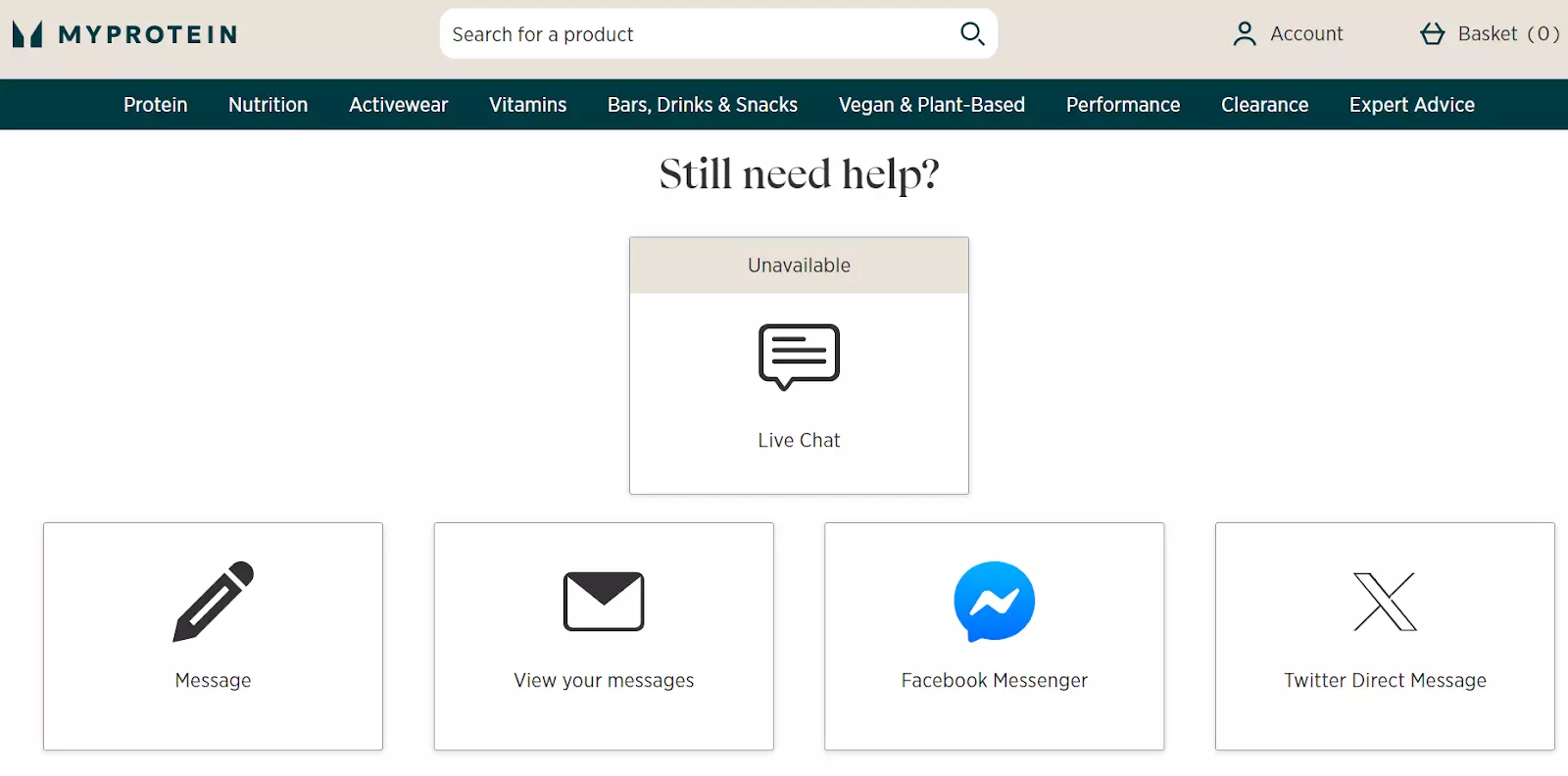Страница за поддръжка на MyProtein с канали за комуникация