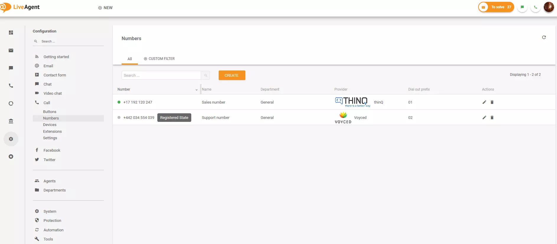Раздел Номера в LiveAgent