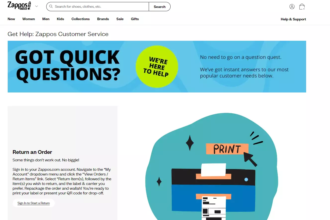 Страница за поддръжка на Zappos, показваща техните опции за поддръжка