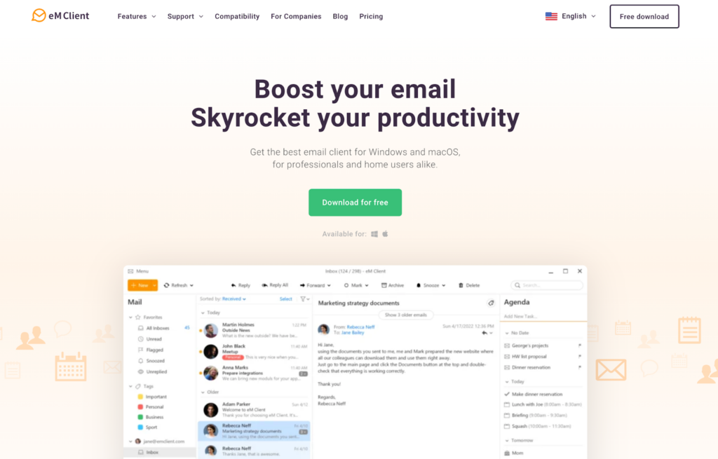 Начална страница на eM Client