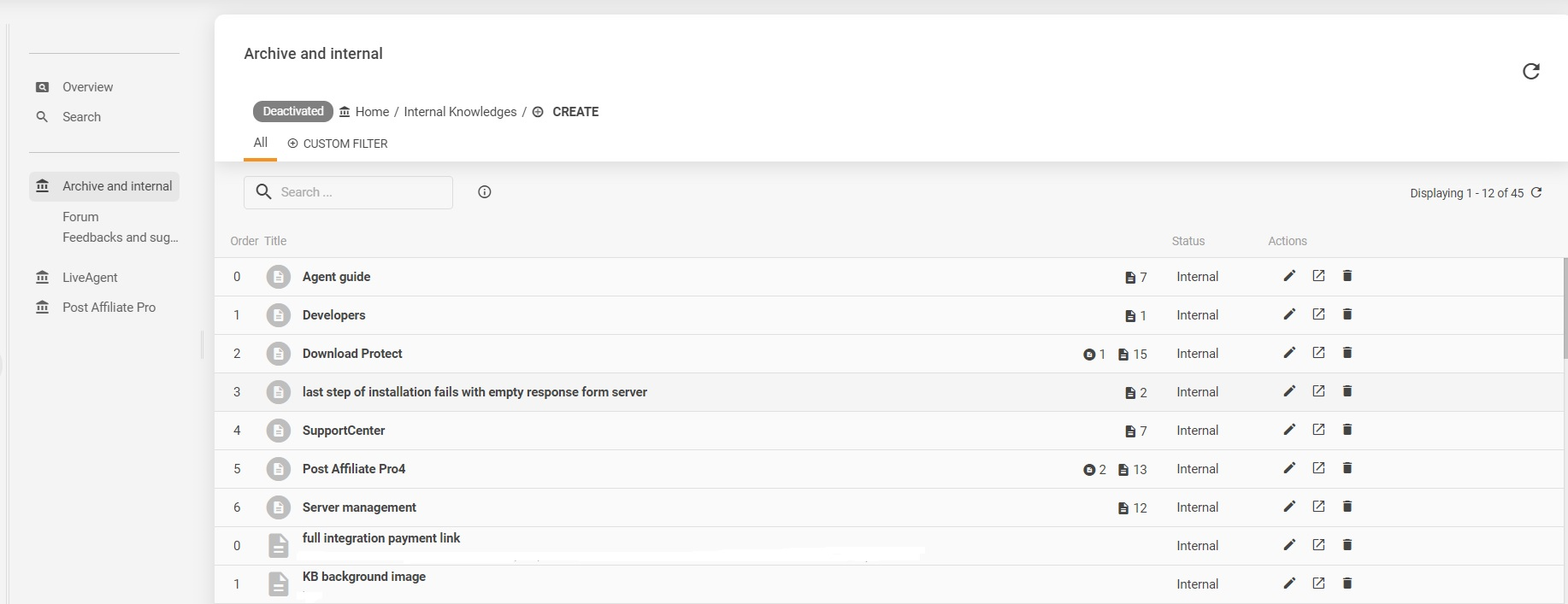 Пример на вътрешната база знания на LiveAgent