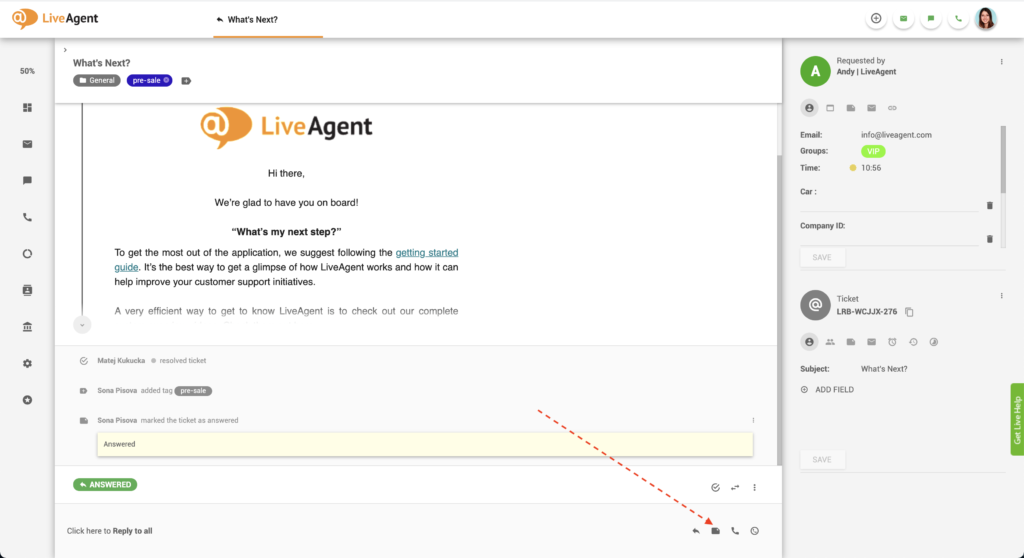 Бутон за добавяне на бележка в LiveAgent