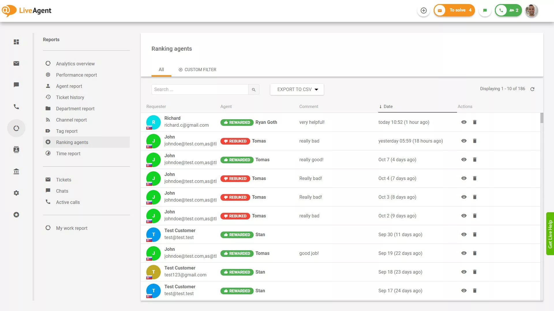 Преглед на класирането на агентите в отчетите